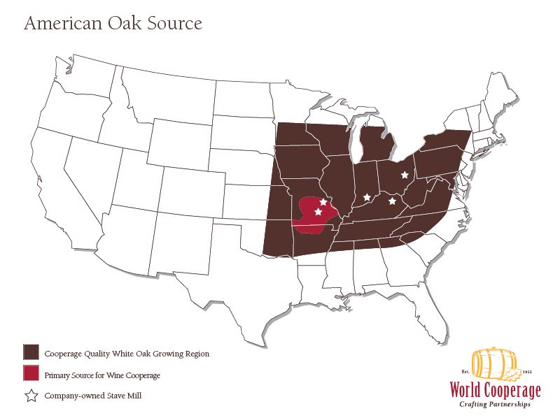 Mapa lasów z dębami, których do produkcji używa World Cooperage