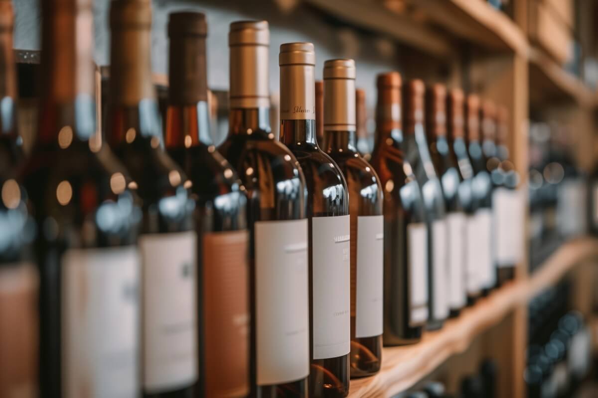 butelki wina na półce w sklepie z alkoholami